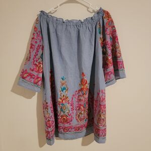 Womens Embroidered Chambray Tunic Top Size Small S Chambray Peasant Boho‎